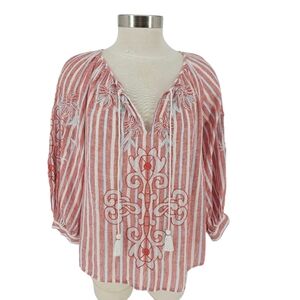 Akemi+Kim Anthropologie Audria Shirt Red Stripe Floral Embroidered 3/4 Sleeve